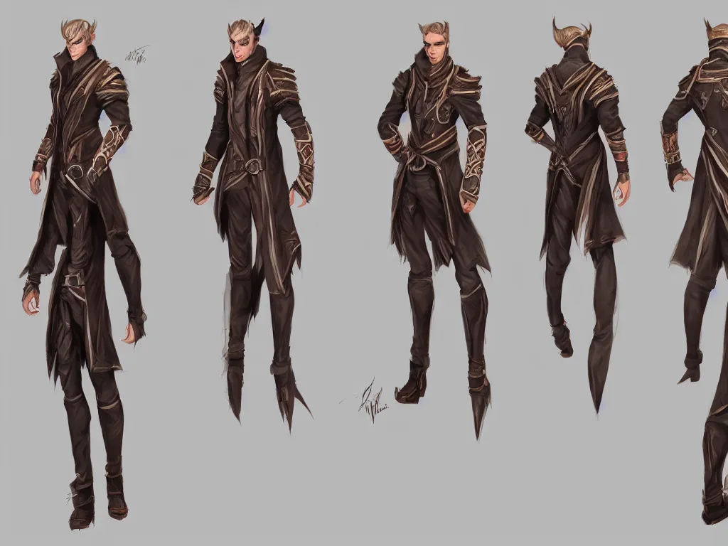 Prompt: traditional concept art of a male fashion character assasin reference sheet in high quality with photographic details, clear face, realistic proportions, full body, vibrant colours,