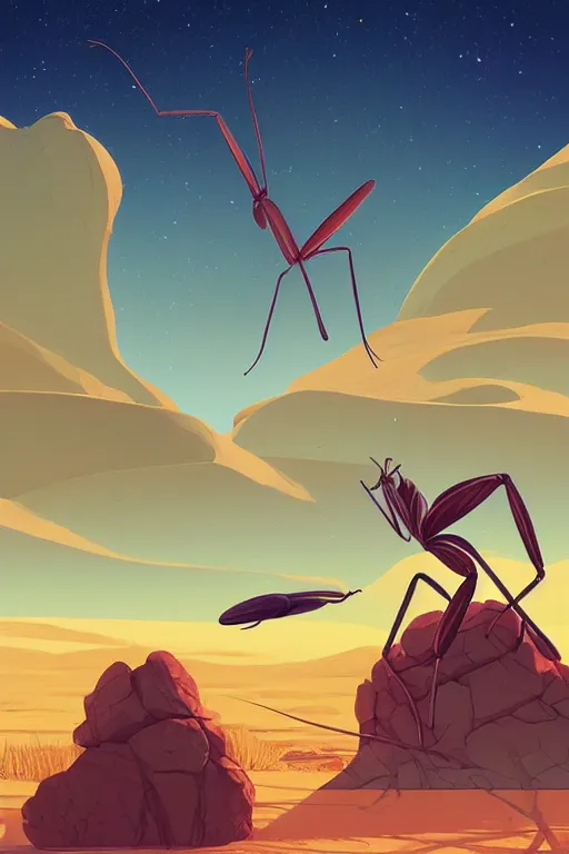 Image similar to preying mantis, desert scene, centered, solid bacgkround, median photoshop filter cutout vector behance, hd by artgerm, jesper ejsing, by rhads, makoto shinkai and lois van baarle, ilya kuvshinov, rossdraws, illustration, art by ilya kuvshinov and gustav klimt