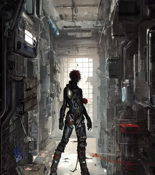 Image similar to realistic cyberpunk engineer with long limbs in a hallway, techwear, dead space, visible face, Industrial Scifi, detailed illustration, character portrait, by Ashley Wood and Moebius