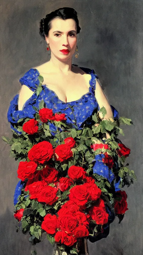 Image similar to portrait of rebekah delrio in lynch pattern, big persian detailed pot of red roses, blue and red lights painted by john singer sargent