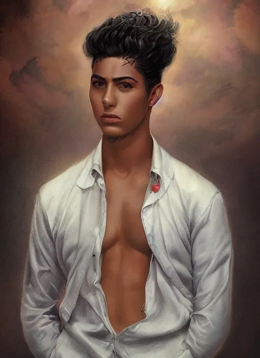 Image similar to magic realism portrait of a handsome young latino gang member in san diego, art by manuel sanjulian and tom bagshaw and boris vallejo, hyperrealism, artstation