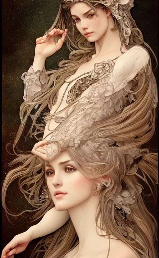 Image similar to a photograpic portrait of a pretty woman, angel, fantasy, intricate, elegant, highly detailed, digital painting, artstation, centered, concept art, smooth, sharp focus, illustration, art by artgerm and h r giger and alphonse mucha