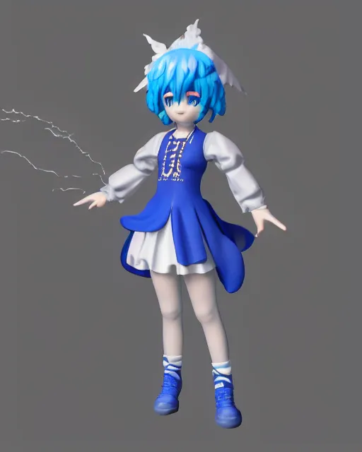 Image similar to full body 3d render of Cirno, studio lighting, white background, blender, trending on artstation, 8k, highly detailed