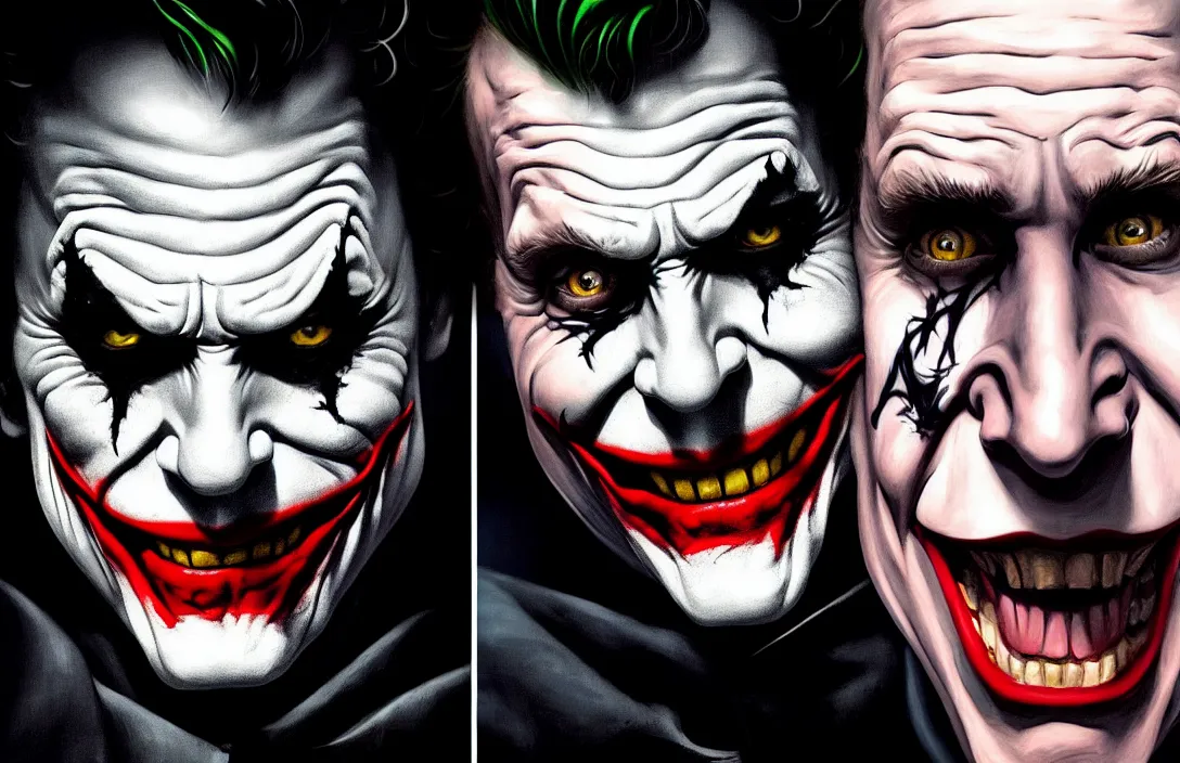 Image similar to a fantasy portrait of the joker next to batman by caravaggio, peter paul rubins, sharp focus, trending on artstation, cinematic lighting, hyper realism, hyper detailed, vivid, ultra detailed,