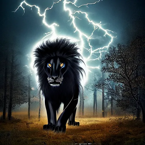 Prompt: epic photography of black lion with gold lightnings in the fur surrounded by ancient trees, colossal scale, photorealistic, high details, intricate by Evgeniy Antonenkov