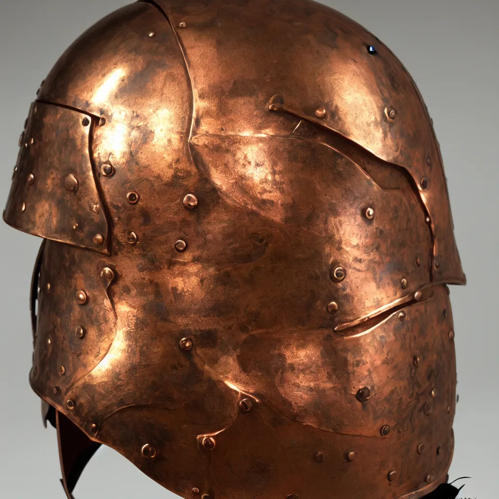 Image similar to a presentation photo of a duel knight's helmet that is made of copper and gold, beautiful ornated details