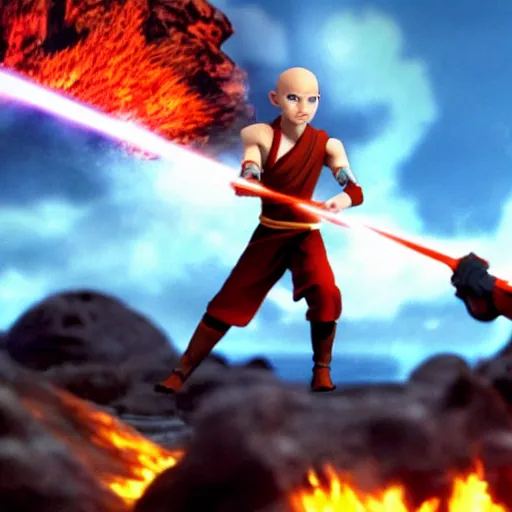 Prompt: Wide shot of Avatar Aang from the Last Airbender shooting fire at Anakin Skywalker from Star Wars Episode 3 next to lava on Mustafar