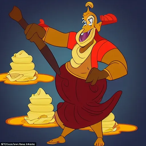 Prompt: the genie from aladdin hates waffles, he hates waffles so much, he wants to destroy any waffle he sees. the genie from aladdin sees some waffles right now