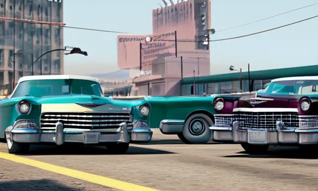 Prompt: vintage cadillacs and lincoln continentals in liberty city, grand theft auto, photorealistic hyperdetailed 3 d matte painting, hyperrealistic, cinematic, unrealengine octane render,