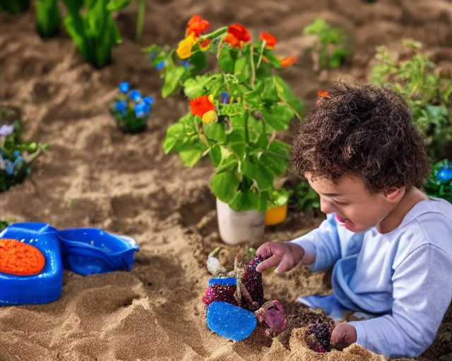 Image similar to 8 5 mm food photography of sylvester stalone playing with toys near a garden with sand with dof and bokeh and flowers o