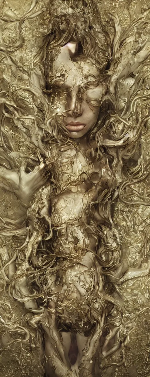 Image similar to portrait of a surreal goddess floating in the middle of a ancient wood, gold fluid simulation in the background, ultra super good realistic 3D render by Pete Morbacher and Emil Melmoth, insanely detailed, trending on artstation, sharp focus