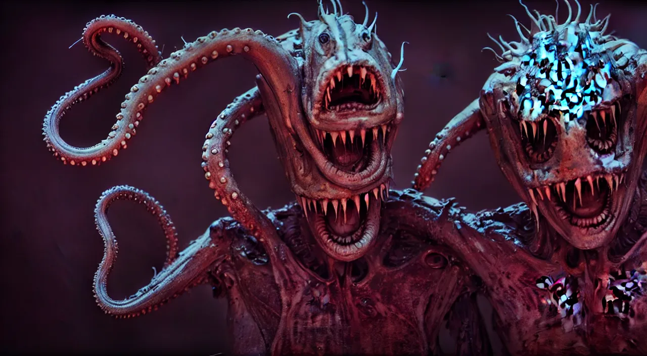 Image similar to gary busey as a monster with tentacles, horror video game, sci fi horror, alien ( 1 9 7 9 ), body horror, unreal engine, octane render, depth of field, cycles render, hd