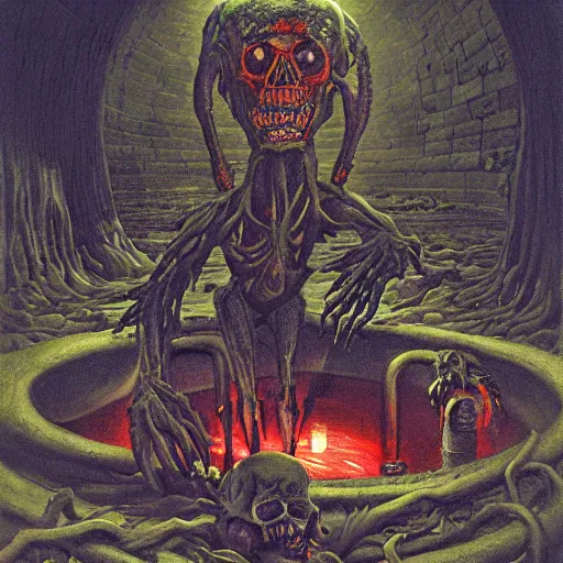 Prompt: a painting of a nightmarish creature standing in a sewer, human skulls on ground, glowing eyes, creepy, horror vibe, real, in the style of greg hildebrandt