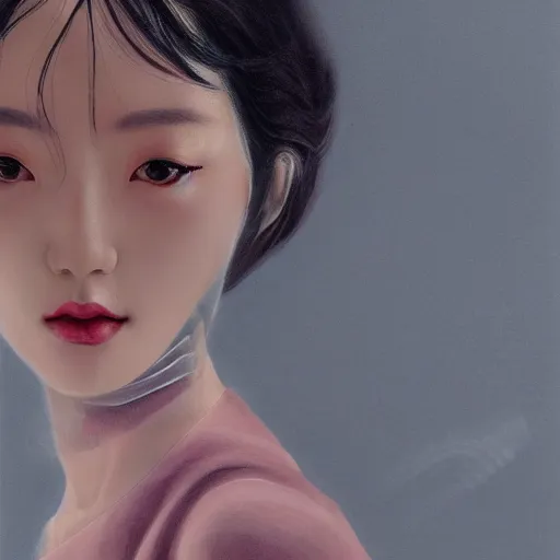 Prompt: close-up portrait of a beautiful Korean Luxurious Goddess wearing an elegant futuristic outfit posing dramatically in the art style of James Jean, rule of thirds, fair complexity, 4k quality