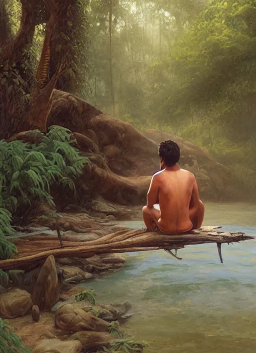 Prompt: a realistic painting of an indigenous man relaxing near a river in the amazon jungle, gazing at the water, highly detailed, art by christophe vacher