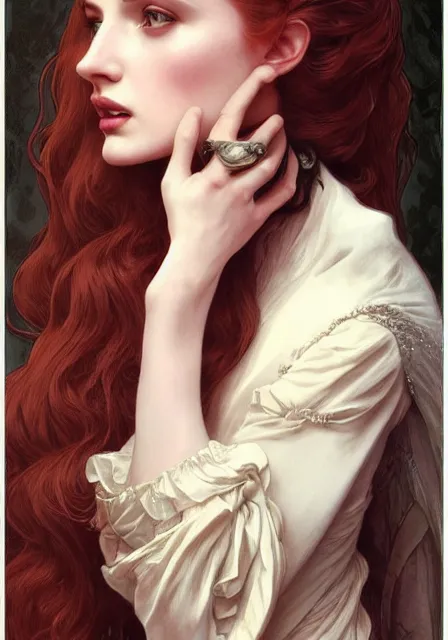 Image similar to sansa angeline jolie gessica chastain victorian vampire, intricate, elegant, highly detailed, digital painting, artstation, concept art, smooth, sharp focus, illustration, art by artgerm and greg rutkowski and alphonse mucha and william - adolphe bouguereau