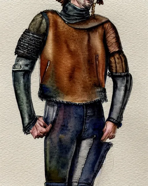 Prompt: watercolor sketch of a male model wearing a cropped baggy medieval menswear leather jacket by alexander mcqueen, 4 k, astonishing detail, studio lighting, wide angle lens