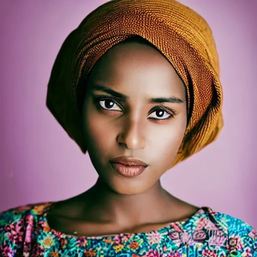 Prompt: studio photography, portrait photo, somalia, vintage, somali woman, beautiful, dreamy, studio ghibli, pastel, highly detailed, happy