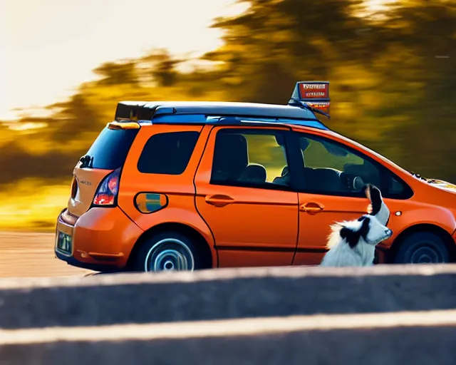 Image similar to border collie dog in the driver's seat of an orange nissan note, paws on wheel, car moving very fast, rally driving photo, award winning photo, golden hour, front of car angle, extreme horizontal background blur, 3 0 0 mm lens