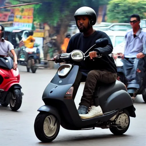 Prompt: kanye west riding scooter in hanoi, a photo in daylight