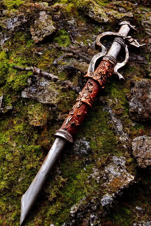 Image similar to a portrait of a rusty sword half embedded in a rock, rust and corrosion, moss and vegetation, ancient forest, excalibur, close - up, intricate details, intricately detailed textures, warm lighting, vivid colors, smoke and mist, hyper realistic octane render, volumetric shading, depth of field, raytracing, 8 k,
