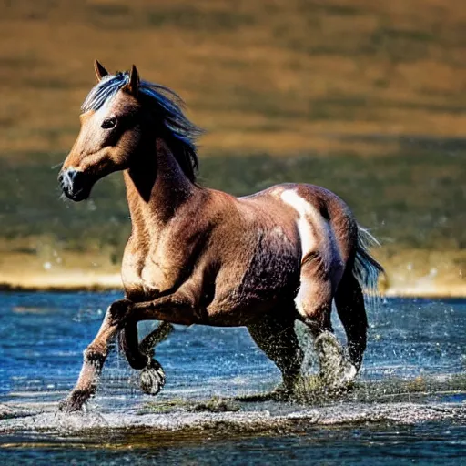 Prompt: a galloping wild horse in a river, by national-geographic