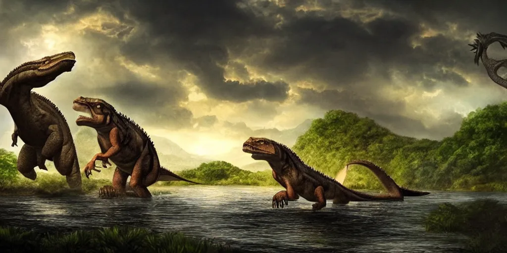 Image similar to amazing prehistoric landscape photo of tyrannosaurus and komodo fighting beside the lake, beautiful dramatic lighting