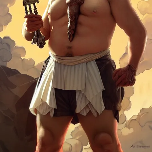 Image similar to a full body portrait of colonel sanders the greek god!! fighting in hell against a starving hillbilly!!! extremely beautiful, anatomically accurate, by artgerm and by greg rutkowski and by alphonse mucha and by simon bisley, radiant light, detailed and intricate environment,