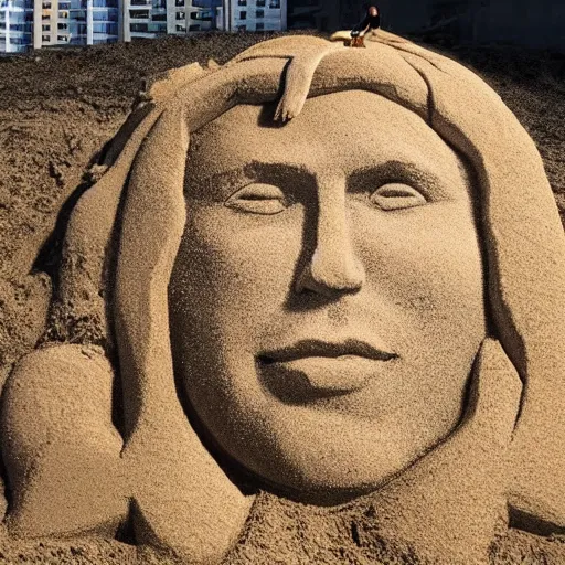 Image similar to a sand sculpture of jair messias bolsonaro on the beach