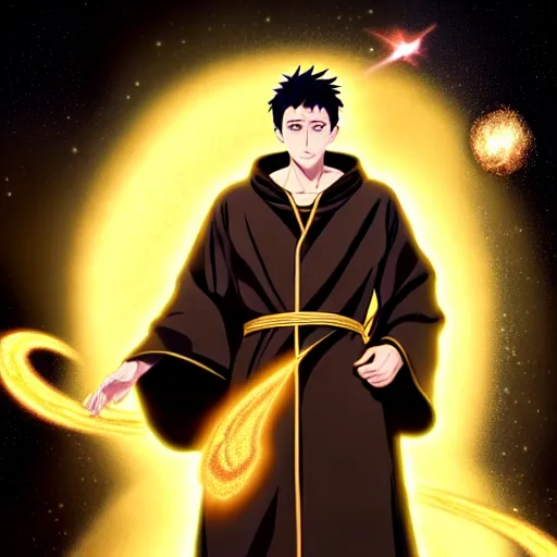 Image similar to a man with with brown hair, wearing a black robe with the tips made of gold, setting in space with a galaxy in the backround, anime, trending on artstation, high quality