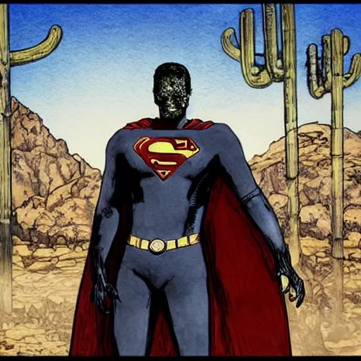 Prompt: black pen sketch of a superman zombie in a post - apocalyptic desert, gta 5 cover art style, the desert is in watercolor, elephant skull, pencil, intermediate art, paper art, pencil, bold lines, humans with apocalypse clothes on in the background, by an gta 5 loading screen artist