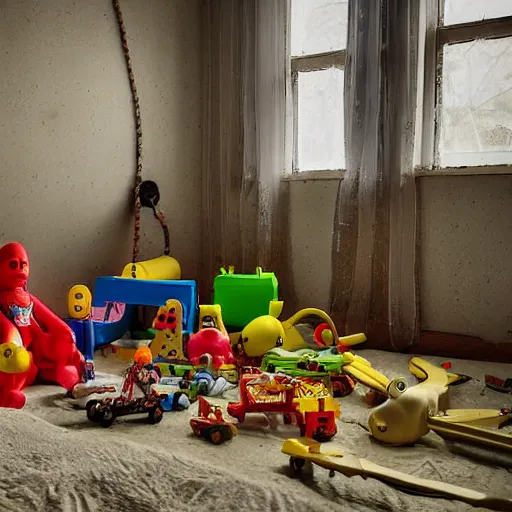 Prompt: empty room with childrens toys laying about dusty creepy eerie feeling dark lighting photograph chernobyl