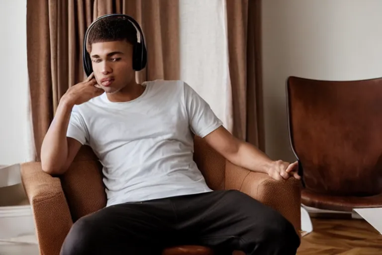 Image similar to a man wearing a white t - shirt and black sweat pants and wearing headphones is sitting in a brown leather chair in a living room