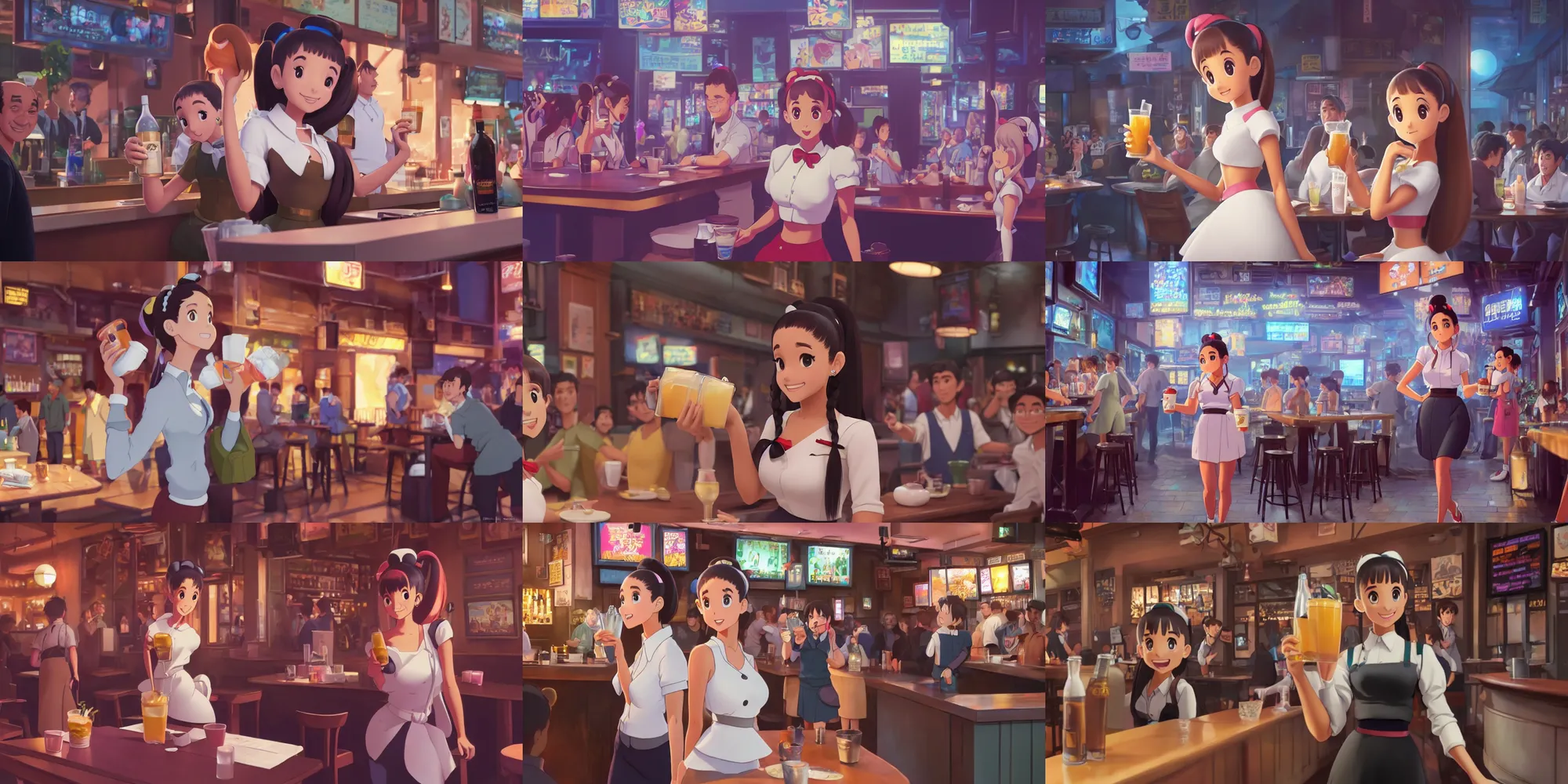 Prompt: a wholesome animation key shot of ariana grande as a waitress carrying drinks in a crowded downtown bar, medium shot, waist up, studio ghibli, pixar and disney animation, sharp, rendered in unreal engine 5, anime key art by greg rutkowski, bloom, dramatic lighting