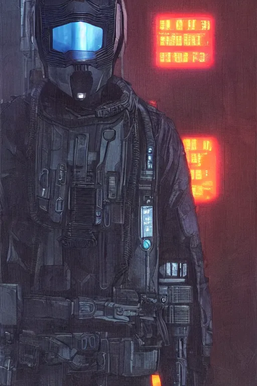 Image similar to hector. blackops spy in near future tactical gear, stealth suit, and cyberpunk headset. Blade Runner 2049. concept art by James Gurney and Mœbius.