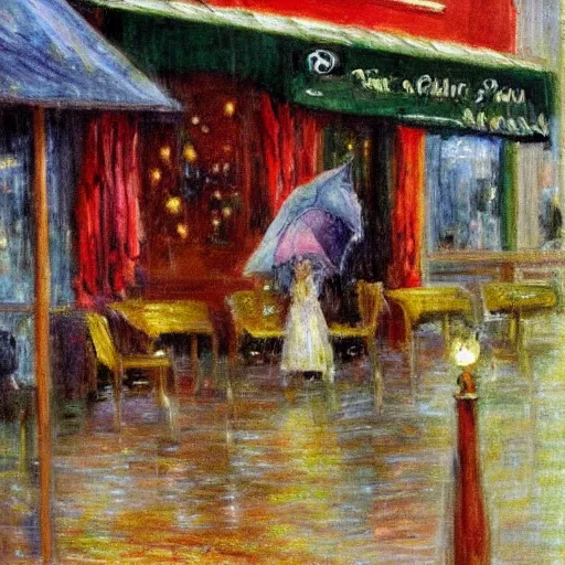 Image similar to a person playing the piano in a cafe on a rainy day, impressionist art