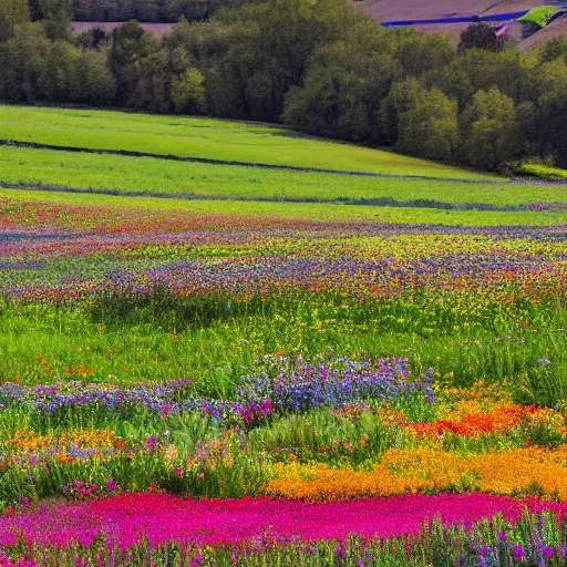 Prompt: photograph of a farm of colourful wildflowers, spring season, atmospheric