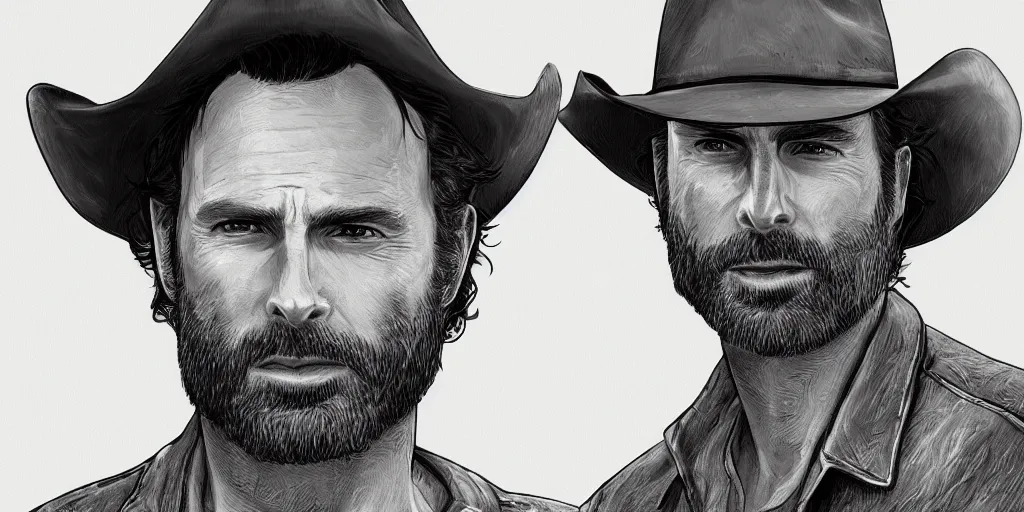 Prompt: highly detailed photo of rick grimes wearing a cowboy hat, digital painting, trending on artstation, high resolution, transparent background