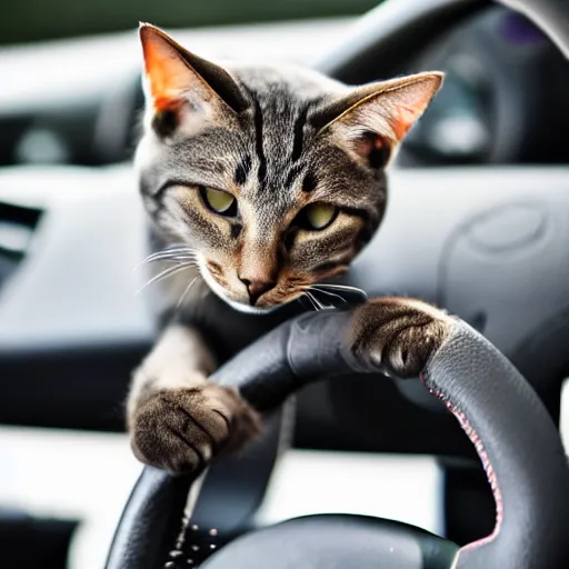 Image similar to cat driving a car with its paws on the wheel, photo, detailed, 4k