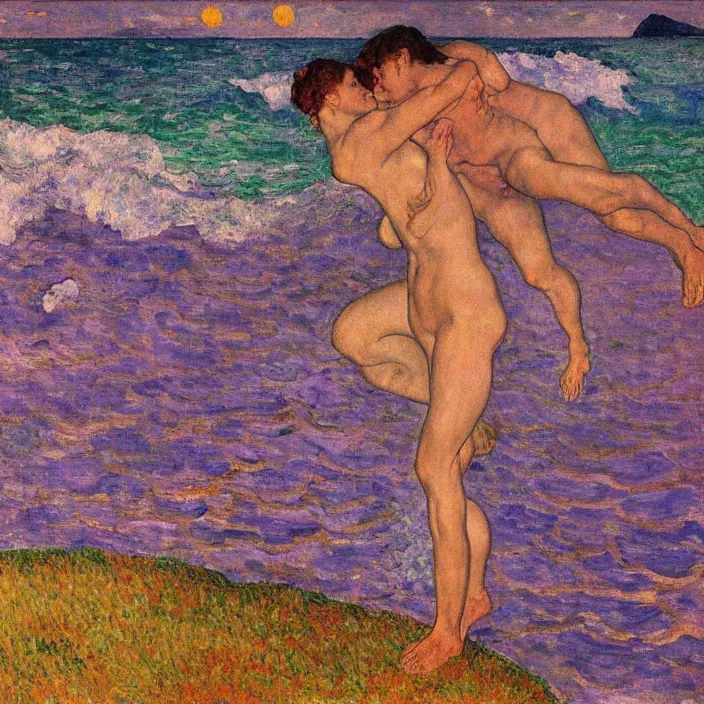 Image similar to close view of woman and man kissing halfway in the water. great, tall waves, sun setting through the storm clouds. iridescent, vivid psychedelic colors. painting by bonnard, felix vallotton, egon schiele, henri de toulouse - lautrec, utamaro, monet