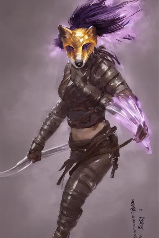 Prompt: female ninja assassin in amethyst japanese body armor wearing a translucent fox mask made of glass trending on artstation, intricate, elegant, highly detailed, digital painting, artstation, concept art, smooth, sharp focus, illustration, art by anders zorn, wonderful masterpiece by greg rutkowski, beautiful cinematic light, american romanticism by greg manchess, jessica rossier and norman rockwell