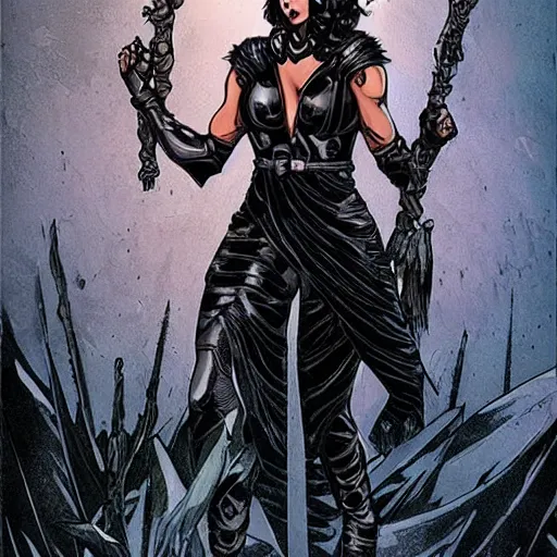 Prompt: a beautiful warrior woman with dark hair, wearing black jumpsuit covered by plates of black body armour, she is holding a long staff, detailed face, smooth, sharp focus, graphic novel, art by pepe larraz,