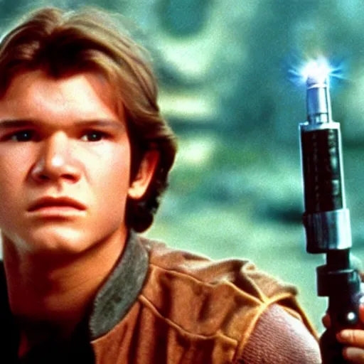 Image similar to A full color still from a film of a teenage Han Solo as a Jedi padawan holding a lightsaber hilt, from The Phantom Menace, directed by Steven Spielberg, 35mm 1990