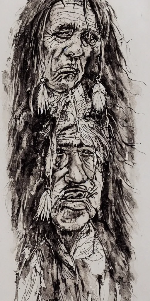 Image similar to a detailed loose wild messy ink sketch portrait of a Native American shaman in the style of Ralph Steadman, caricature, dramatic with sepia watercolor fill