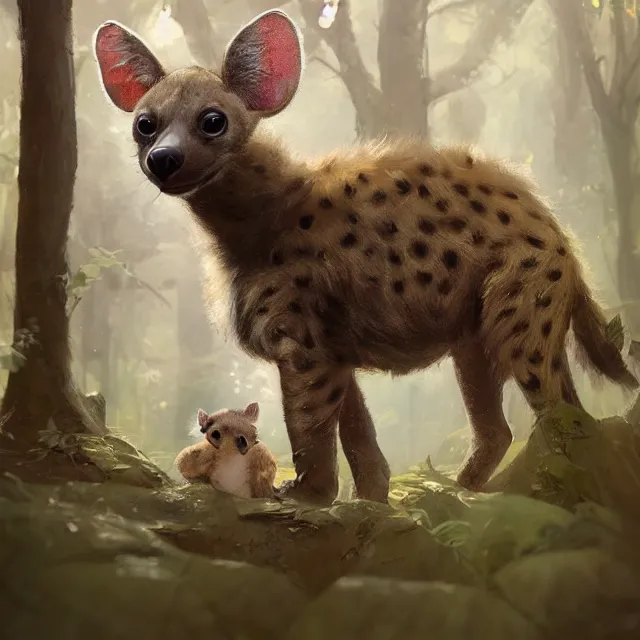 Image similar to a beautiful painting of a cute brown baby hyena in a forest. disney character design by cory loftis, fenghua zhong, ryohei hase, ismail inceoglu and ruan jia. artstation, volumetric light, detailed, photorealistic, rendered in octane