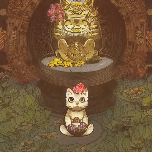 Image similar to A cute maneki neko waving, flowers around, D&D, fantasy, intricate, cinematic lighting, highly detailed, digital painting, artstation, concept art, smooth, sharp focus, illustration, art by Akihiko Yoshida, Greg Rutkowski and Alphonse Mucha