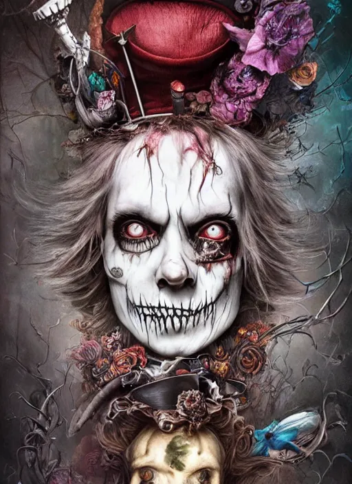 Image similar to Alice in Wonderland Mad Hatter Death Tarot card,highly detailed,half skull face,cinematic,8k,by Stanley Artgermm,Tom Bagshaw,Greg Rutkowski,Carne Griffiths, Ayami Kojima, Beksinski, Giger,Anne Stokes, Benjamin Lacombe, Naoto Hattori,trending on DeviantArt,hyper detailed,horror, full of colour