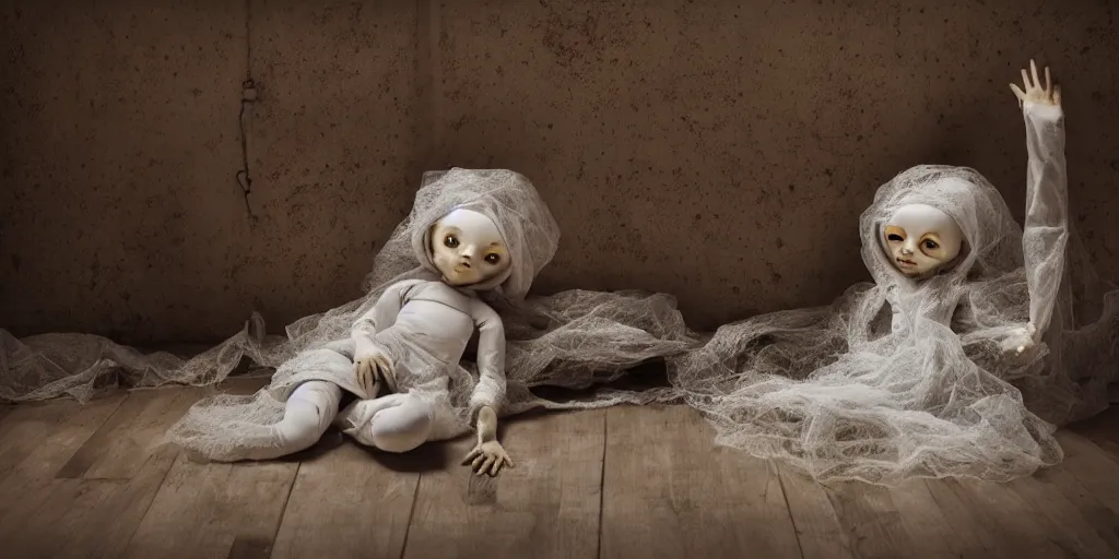 Prompt: haunted creepy doll with porcelain skin in a creepy cobweb attic, hyper real, octane render, unreal engine, 6K, volumetric lighting