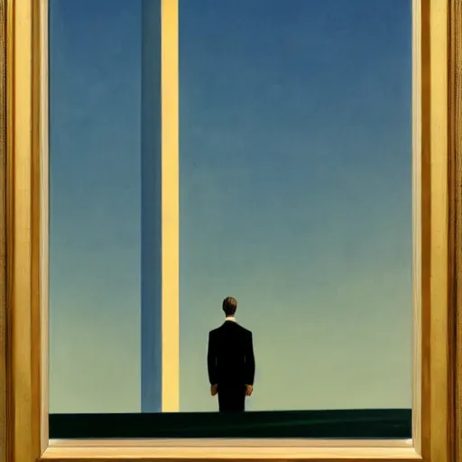 Image similar to portrait of a man standing in front of a tall building, by Edward Hopper and James Gilleard, highly detailed