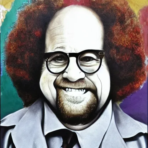 Image similar to danny DeVito dressed as a bob ross 1970s street artist, realism, detailed